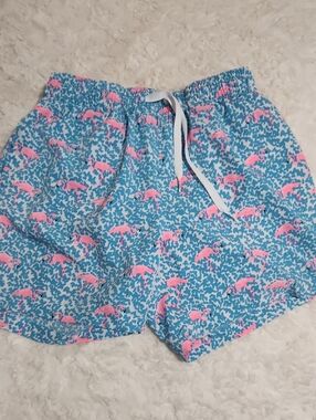 chubbies Blue Swim Trunks with Pink Flamingo Print